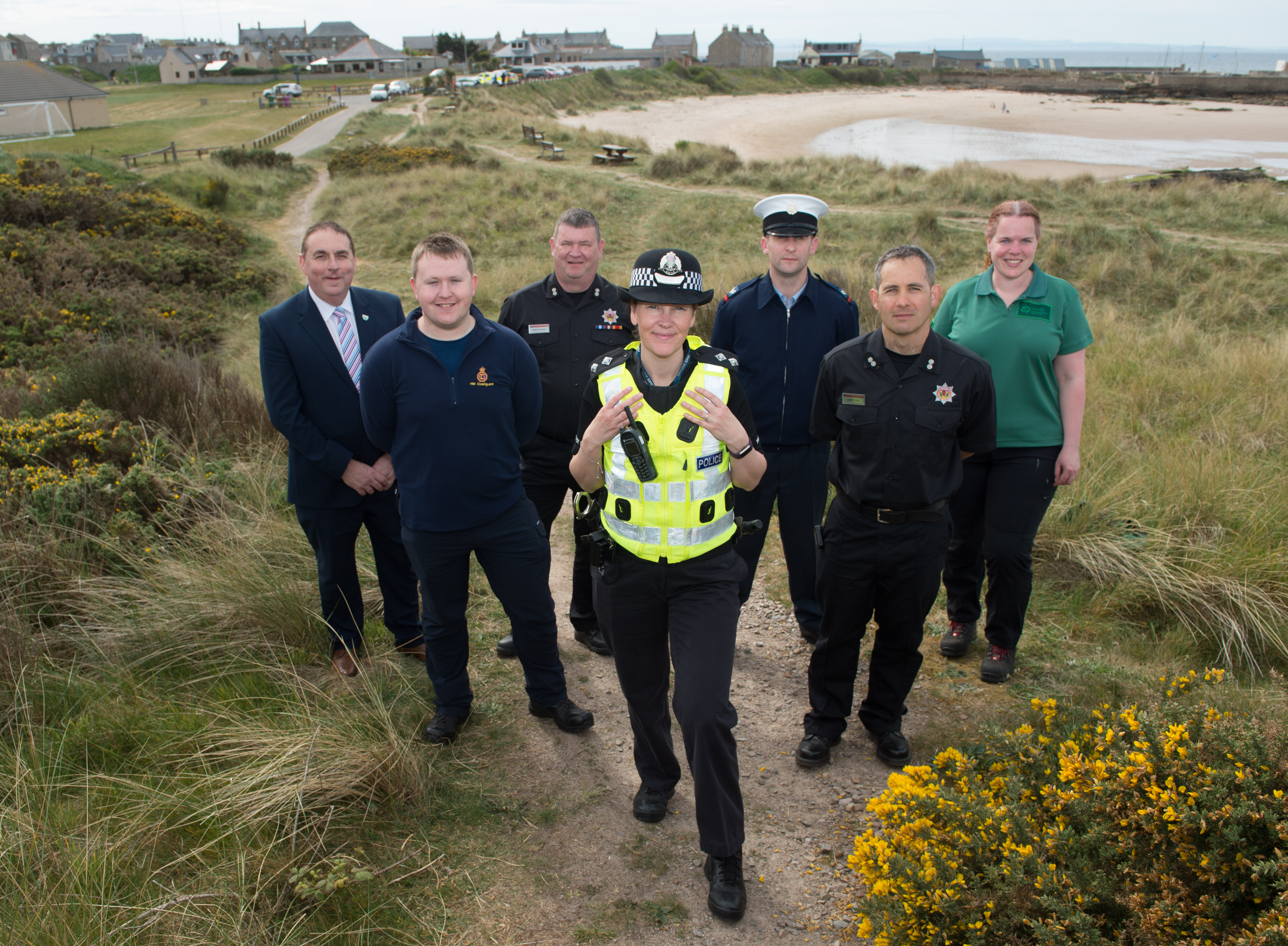 Picture: L2R - Cllr James Allan, Colin Wood (Senior Coastal Operation Officer - HM Coastguard), Ewen McIntosh (Rural Watch Manager)  Kerry Rigg (Local Policing Inspector),  RAF Police Cpl Jamie Barstow, Gareth Luce (Watch Manager) and Fiona Robertson (Forestry and Land Scotland). Picture by Jason Hedges.
