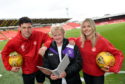 Pictured - L-R Scott McKenna (player), Prof Elizabeth Hancock (RGU) and Loren Campbell (player).     
Picture by Kami Thomson