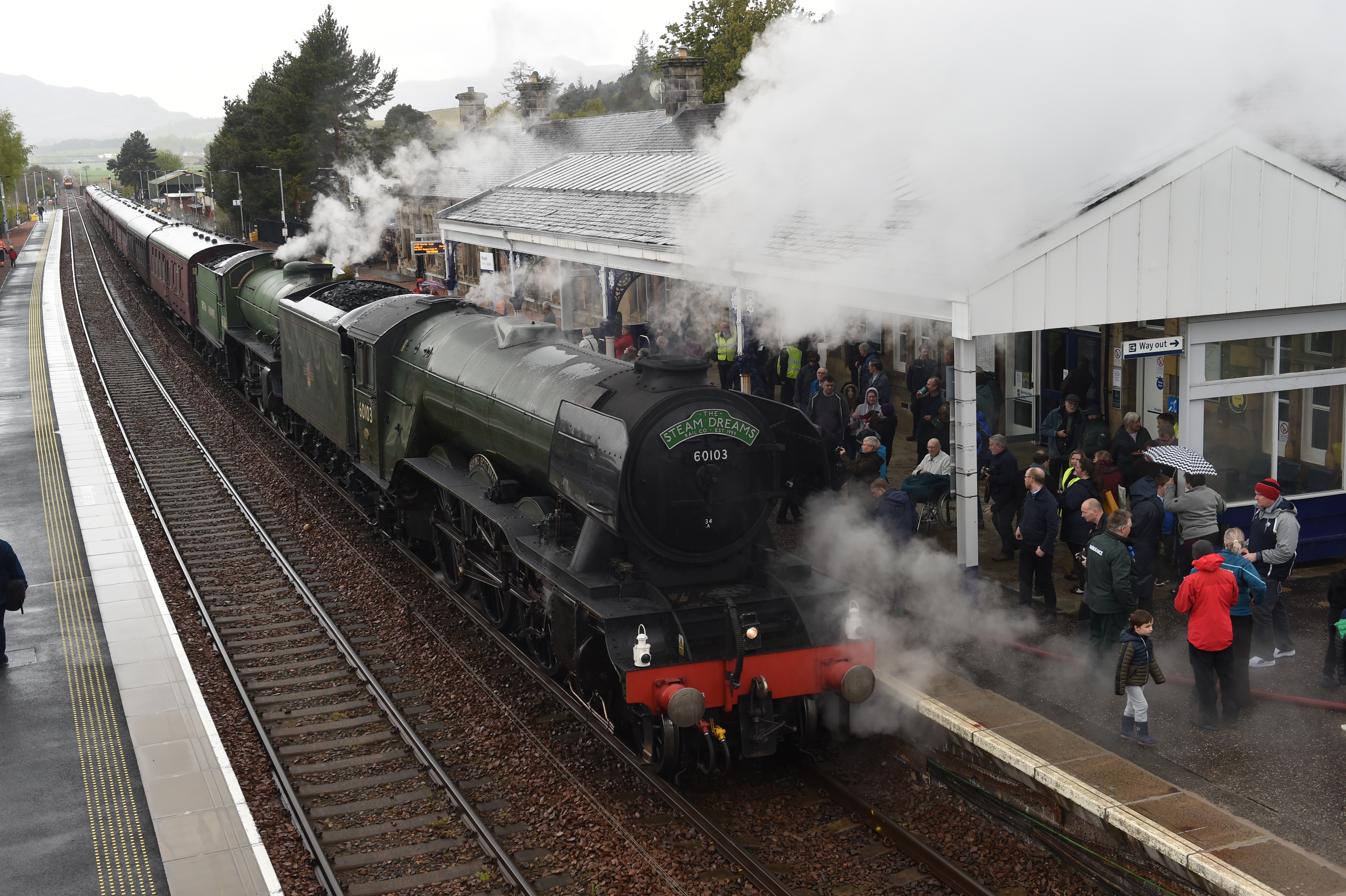 The Flying Scotsman arrives at Kingussie train station. 

Picture by Sandy McCook