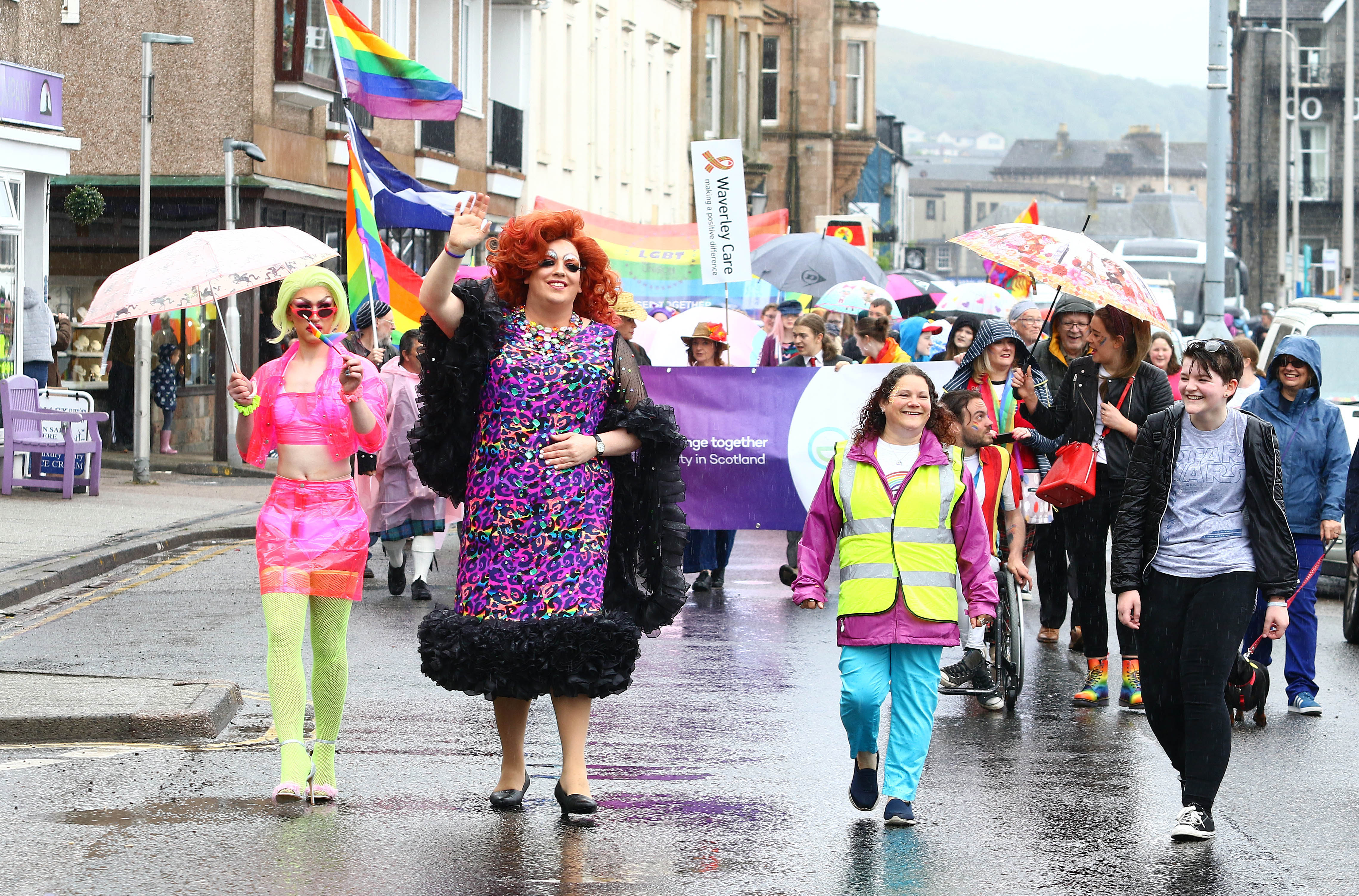 Dahlia Black and Crystal lead the pride parade along the esplanade in Oban. 
Picture: Kevin McGlynn