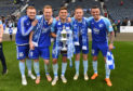 Callum Home, Scott Brown, Jack Leitch, Simon Ferry and Derek Lyle with the League Two title in 2019