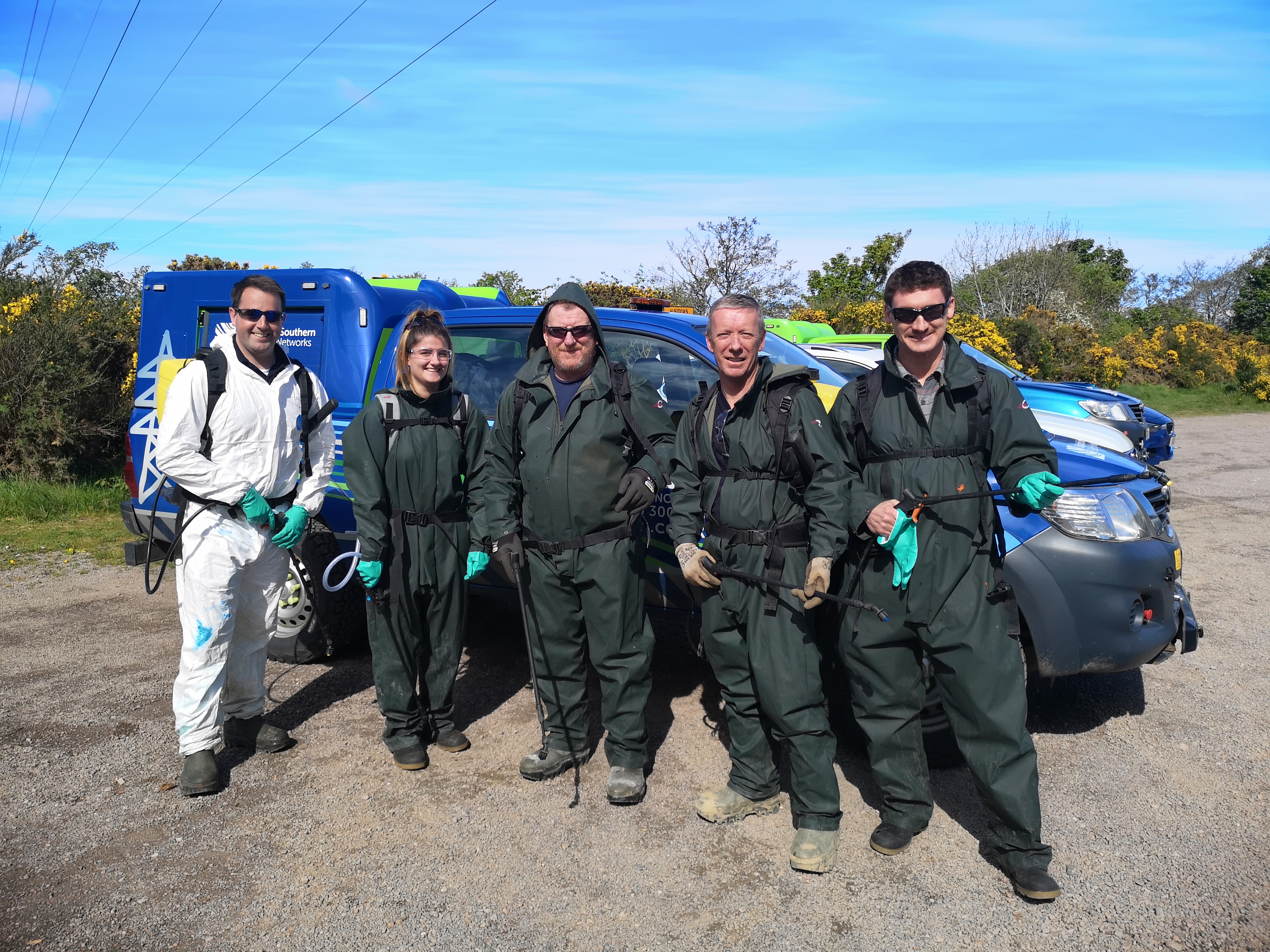 The crew from SSEN Transmission get ready to tackle the hogweed. Pictured: Michael Forrest,  Saffron Cruikshank, Iain Mackintosh, Mike Cowie and Dan Thomas.
