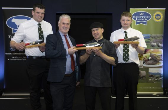 Alan Clarke (left) CEO of Quality Meat Scotland who sponsored the event presenting the Butchers Wars Singles Winner Barry Green from Cairngorm Butchers in Grantown On Spey with his trophy and Butchers Wars Pairs Winners Steven Cusack (left) and Hamish Jones (right) form Davidson Speciality Butcher in Inverurie
Picture by Graeme Hart, Perthshire Picture Agency.