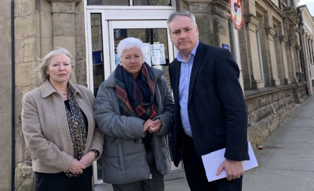 Councillor Theresa Coull, Carol Anderson of TSB & Richard Lochhead MSP outside Keith TSB