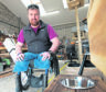 Injured Afghanistan veteran, Stuart Gallagher from Locheilside displays some of his unique, wooden products, such as dog  bowls, phone holders and Harry Potter type wizard wands at the Mens Shed open day. Picture by Iain Ferguson.