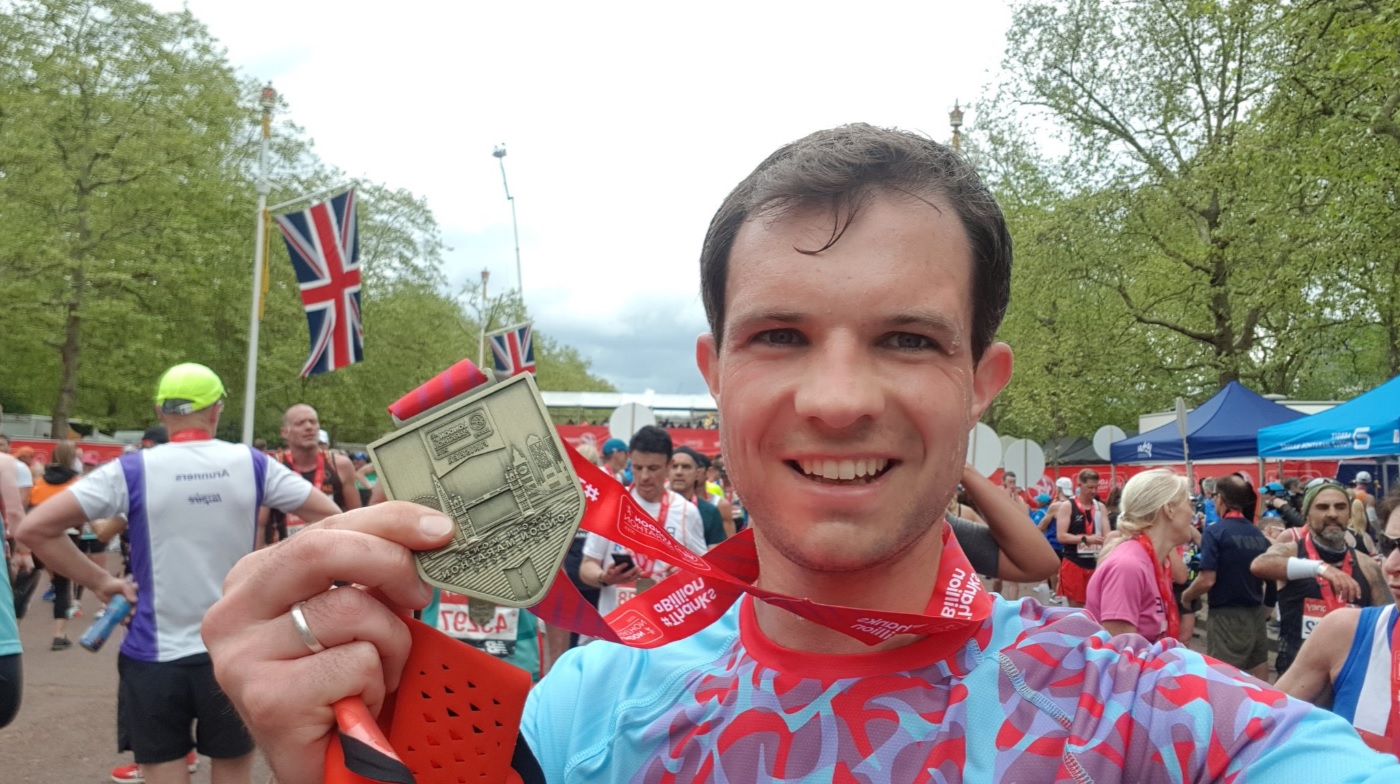 Andrew Bowie, the MP for West Aberdeenshire and Kincardine, at the finish line of the London Marathon