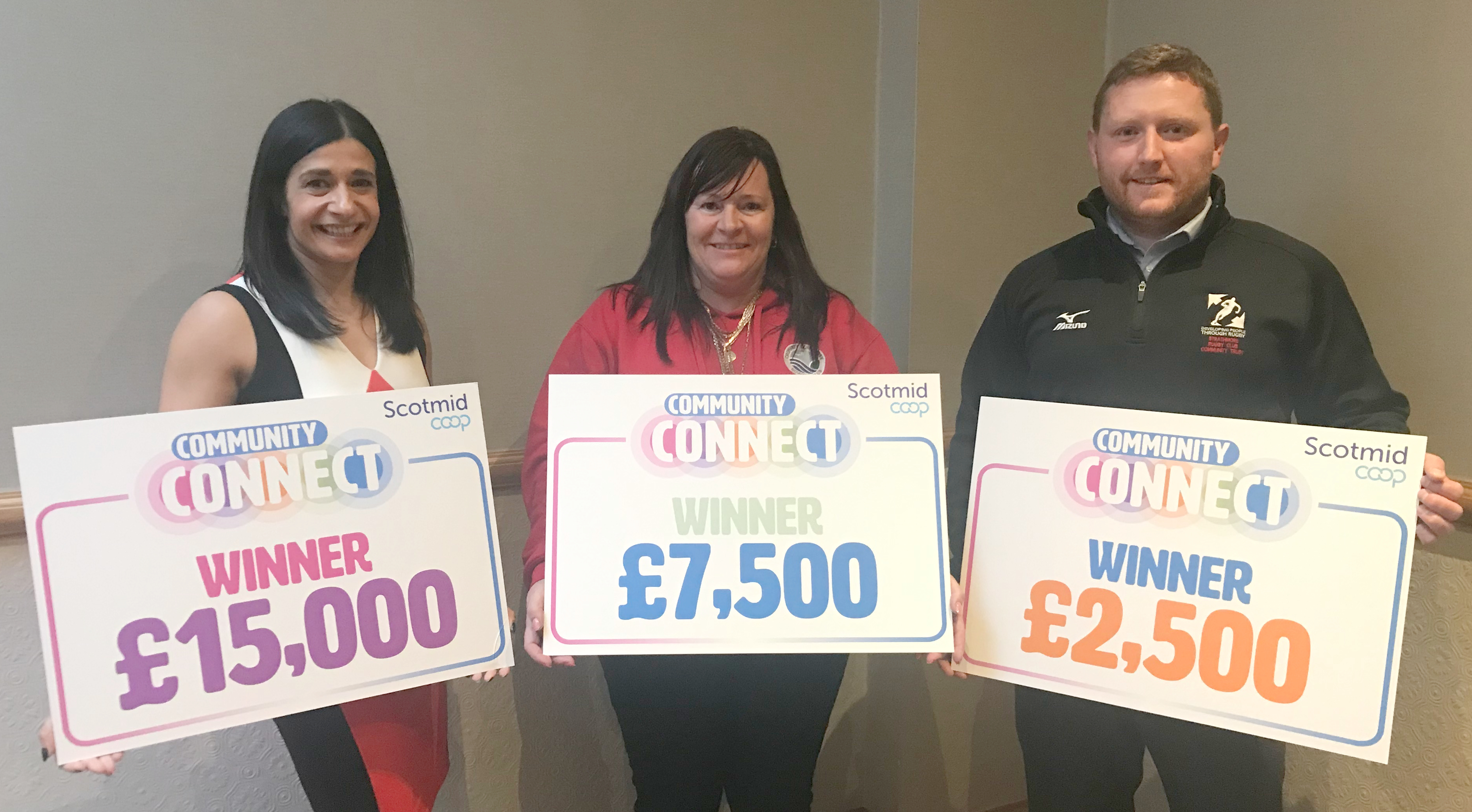 Home-Start Kincardine’s Laura Lambert, Cromarty Community Rowing Club’s Wanda Mackay and The Strathmore Rugby Club’s Community Trust’s Josh Gabriel-Clarke  celebrate receiving their Community Connect awards at the North Member AGM in Inverness