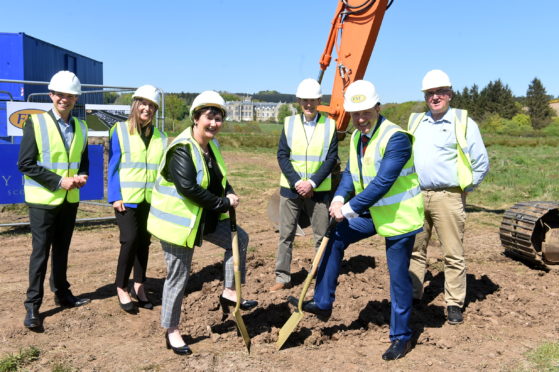 Andrew Bowie MP, Fiona Morrison, Angela Linton, chief executive of Hillcrest Housing Association, Paul Lindop, Andrew Rae from FM Construction and Councillor Sandy Wallace breaking ground at Mackie Village, Stonehaven.
