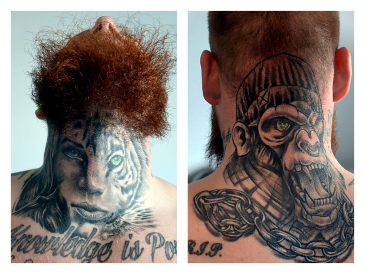 Two more of the tattoos that were inked by Aberdeen tattoo artist Kev Bailey from Kev's Inkhouse. One tattoo is half the face of a tiger and the other half is a woman's face. The other is of a gorilla with it's mouth open and a chain around it.