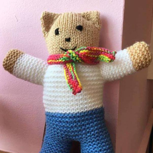 One of the trauma teddies that the public are being asked to knit, for Police Scotland. 
FB pic.