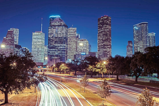 A view of the Downtown Skyline facing east from Allen Parkway houston