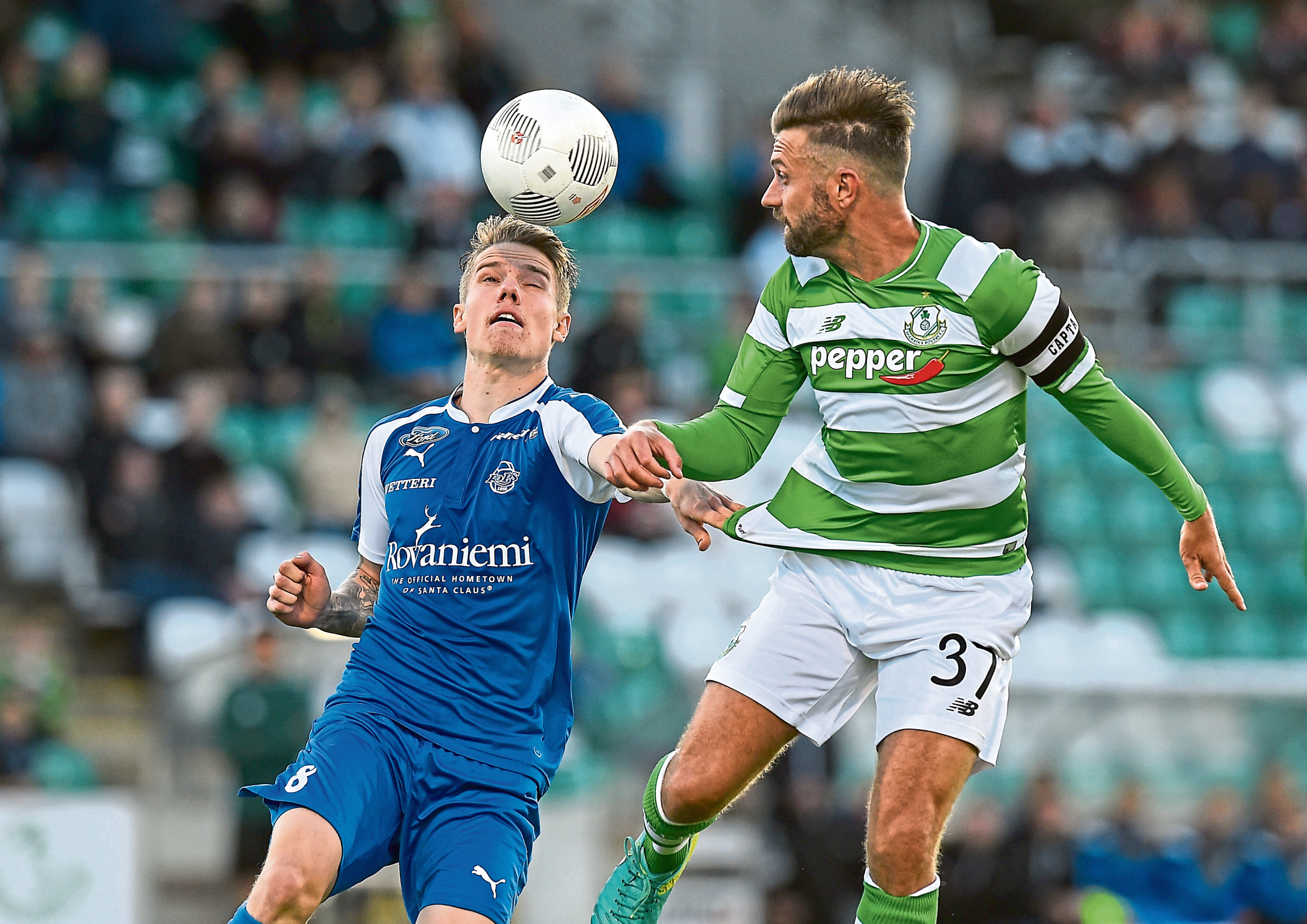 Stephen McPhail of Shamrock Rovers in action against Robert Taylor of RoPS Rovaniemi during the UEFA Europa League First Qualifying Round 1st Leg game between Shamrock Rovers and RoPS Rovaniemi at Tallaght Stadium in Tallaght, Co Dublin. (Photo By David Maher/Sportsfile via Getty Images)