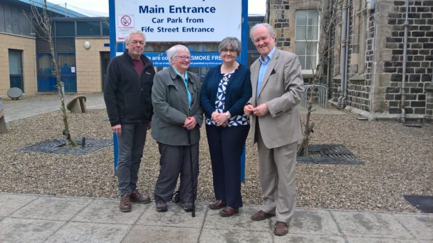 L-R: Peter Johnston (Friends of Chalmers Hospital), Dr Janet Anderson (Friends of Chalmers Hospital), Angie Wood, (Partnership Manager,  Aberdeenshire Health & Social Care Partnership), Stewart Stevenson MSP.