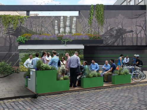 Artist impression of the 'parklet' at Huntly Street. Image by Callum Barrack at Polka