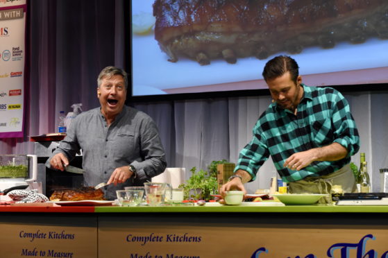 Taste of Grampian 2019 at the Thainstone Centre, Inverurie.
Picture of (L-R) John Torode and Spencer Matthews demonstration

Picture by KENNY ELRICK     01/06/2019