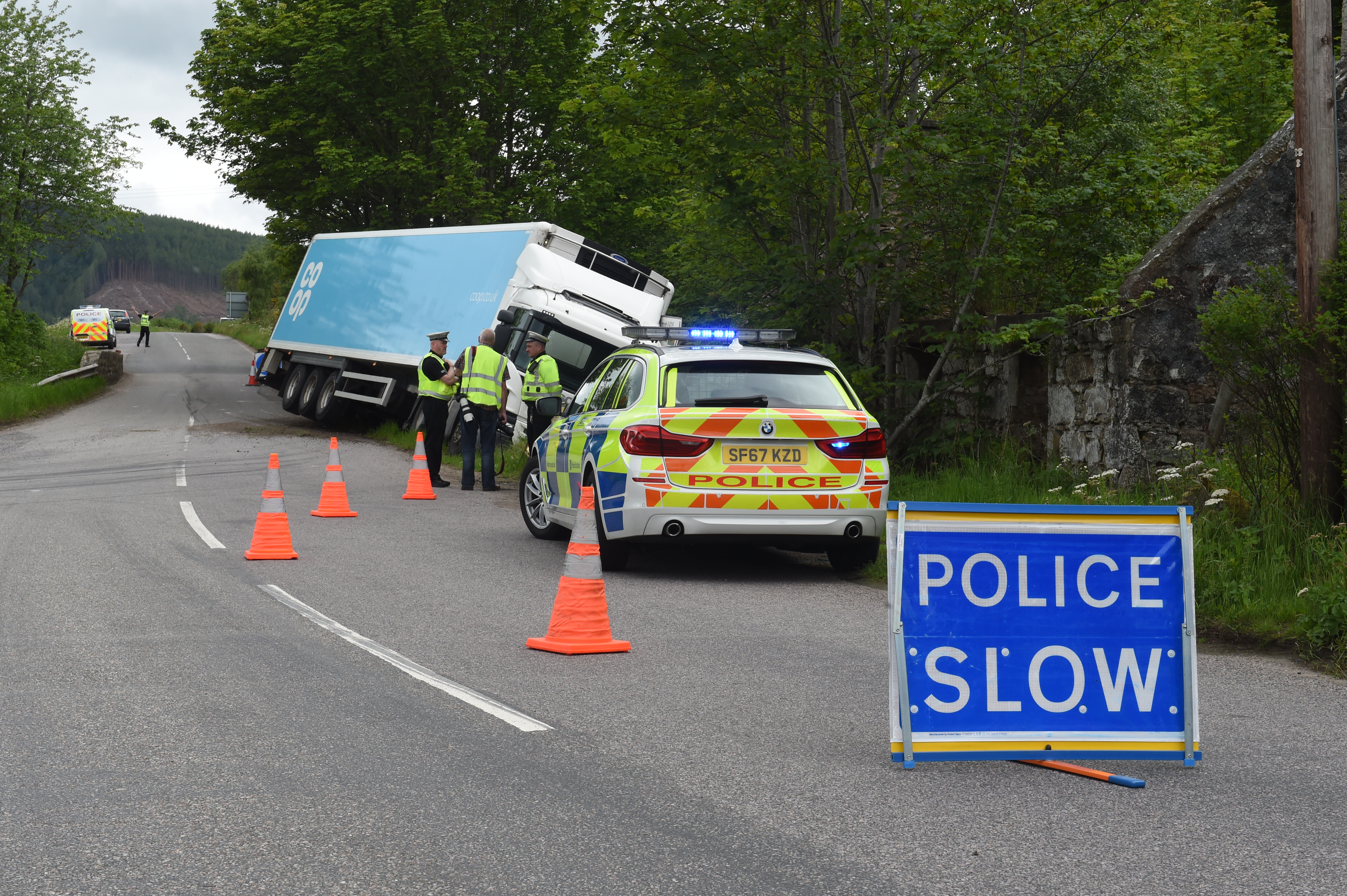A lorry has veered off a road in Moray
