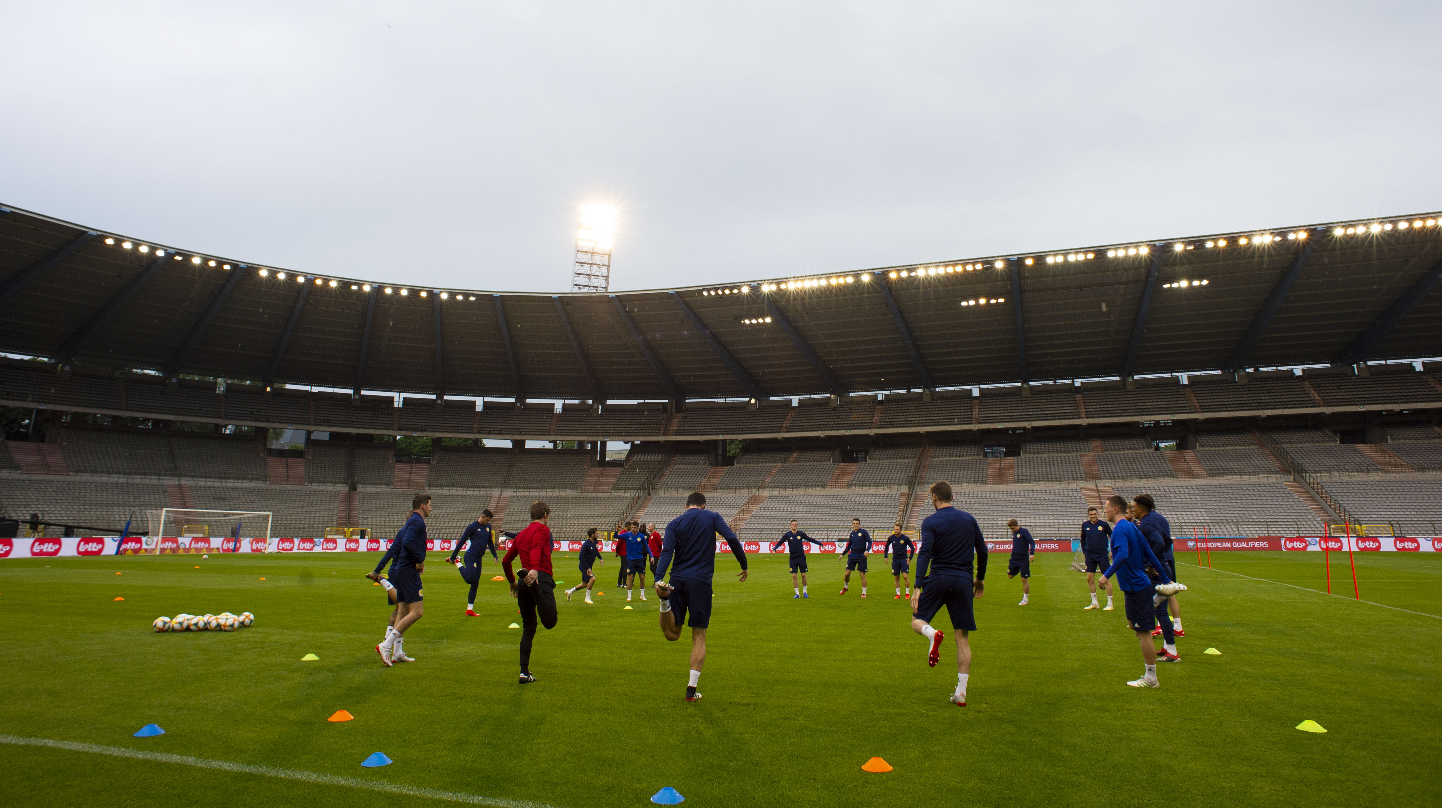 Scotland players train at the King Baudouin Stadium on Monday night.