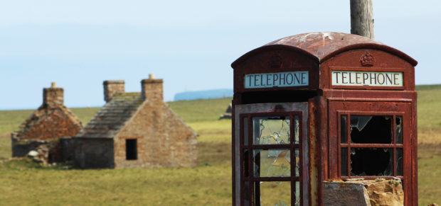 A red telephone box on the deserted island of Stroma. Pic: Alan Hendry.