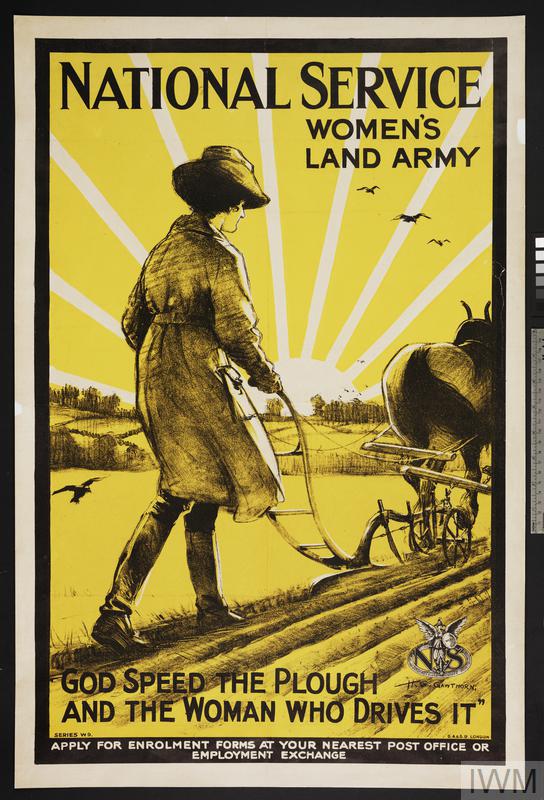 National Service - Women's Land Army - God Speed the Plough and the Woman Who Drives It (Art.IWM PST 5996) whole: MODEL
design: Land Girl, full-length figure, in uniform and hat, guiding a horse-drawn plough to right. Crows, soaring over the newly furrowed
ground, are silhouetted against the stylised rays of a partially obscured sun
text: 'NATIONAL SERVICE' (upper edge) & 'WOMEN'S LAND ARMY' (in 2 lines at upper right of design) & ''GOD SPEED THE PLOUGH AND THE WOMAN
WHO DRIVES IT'' (in 2 lines at base... Copyright: © IWM. Original Source: http://www.iwm.org.uk/collections/item/object/10507