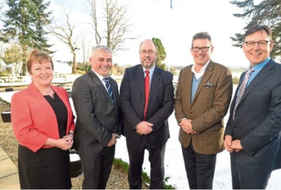 Rhoda Grant MSP, Cathal Doherty of Road bridge. Danny Finch of Moray Offshore, Julian Brown of MHI Vested and Bob Buskie of the Cromarty Forth Port Authority during the Official launch of £30m Port of Cromarty Firth expansion project and £10m work on Moray East offshore windfarm. Picture by Sandy McCook