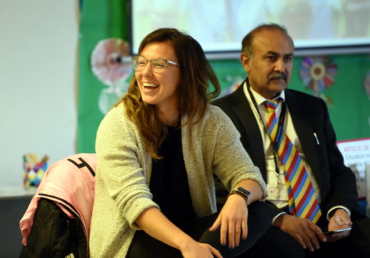 Scotland captain Rachel Corsie visits Ashley Road school last week.