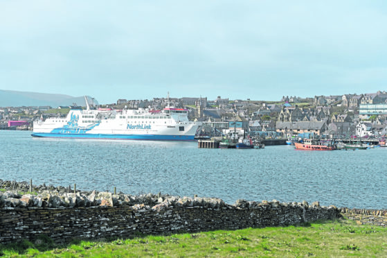Stromness, Orkney.   The Northlink Ferries vessel, 'Hamnavoe' at her berth at the Ro-Ro terminal at Stromness Harbour.