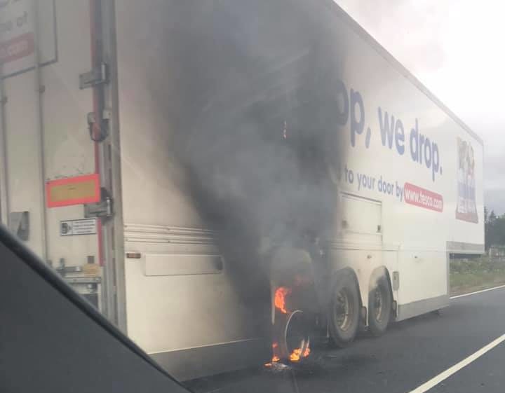 The Tesco lorry on fire. Picture by Athol Murray.