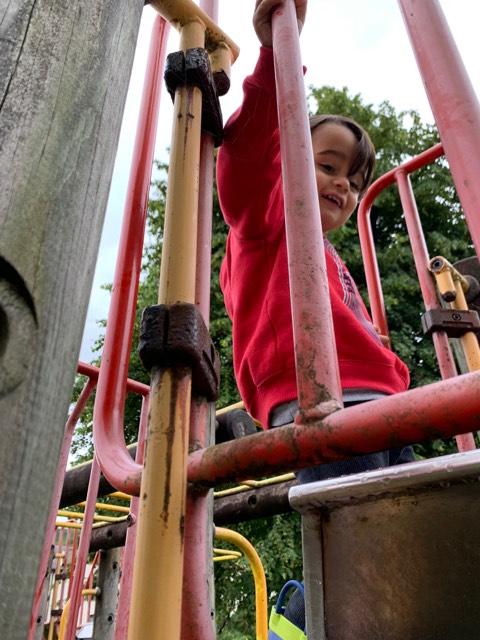 Under a watchful eye, Espen Grimshaw, aged two, is the only child his father has ever seen in Kinlochleven playpark, due to its poor state of repair.