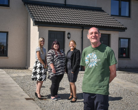 Aimee Borzoni, commissioning officer for Health and Social Care Moray, Emma Horne, service leader for CIC , Stacy Angus, Osprey Housing’s services manager and tenant Phillip Gillies outside the new Fochabers development.