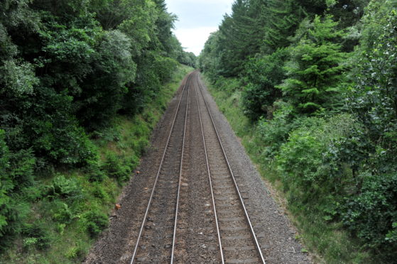 The Inverness to Perth railway line from the Culloden Wood bridge, Inverness.
