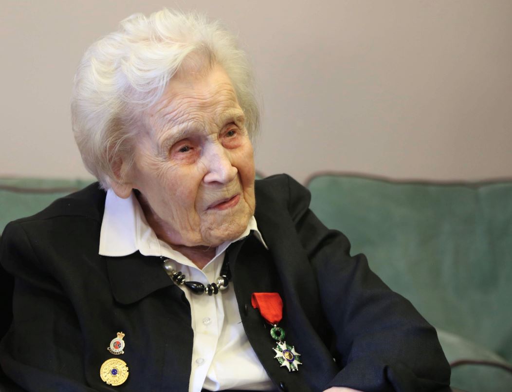 Helene Aldwinckle with the insignia of a Knight of the Légion d’honneur and her Bletchley Park Veteran badges.