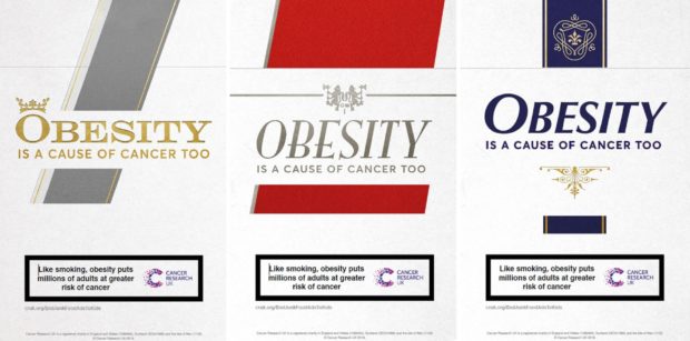 Cancer Research UK undated handout photo of the posters the charity are using in their latest campaign, as they warn that obese people now outnumber smokers by two to one and  obesity causes more cases of some cancers than cigarettes. PRESS ASSOCIATION Photo. Issue date: Wednesday July 3, 2019. See PA story HEALTH Obese. Photo credit should read: Cancer Research UK/PA Wire

NOTE TO EDITORS: This handout photo may only be used in for editorial reporting purposes for the contemporaneous illustration of events, things or the people in the image or facts mentioned in the caption. Reuse of the picture may require further permission from the copyright holder.