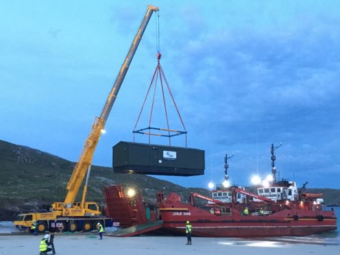 Beach Landing for Harris Water Works
delivery taking place on to the beach at high tide on Monday evening; and the Water Treatment Works starting its journey by road to its long term home.