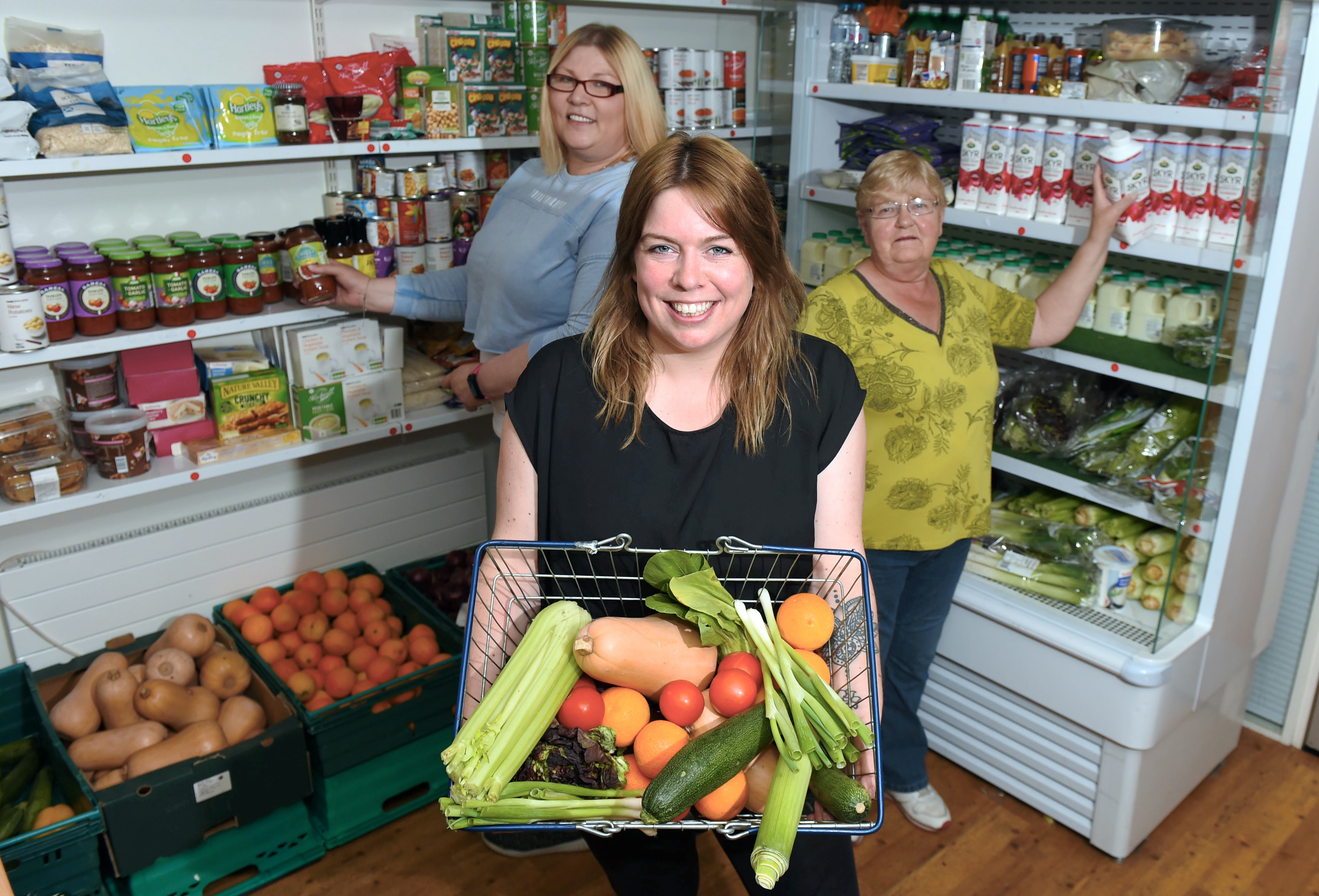 The Woodside Pantry with  Claire Whyte, with volunteers Jill Bertram and Vi Beattie.