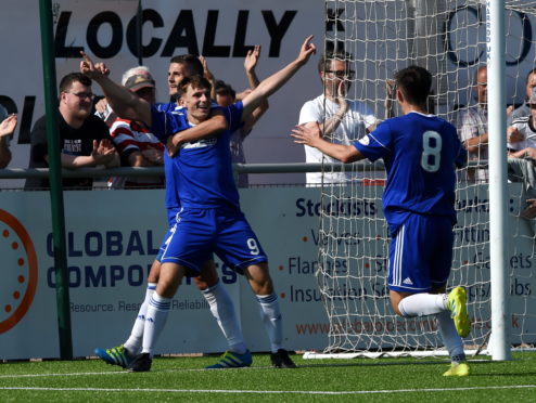 Chris Antoniazzi celebrates his goal against Raith Rovers.