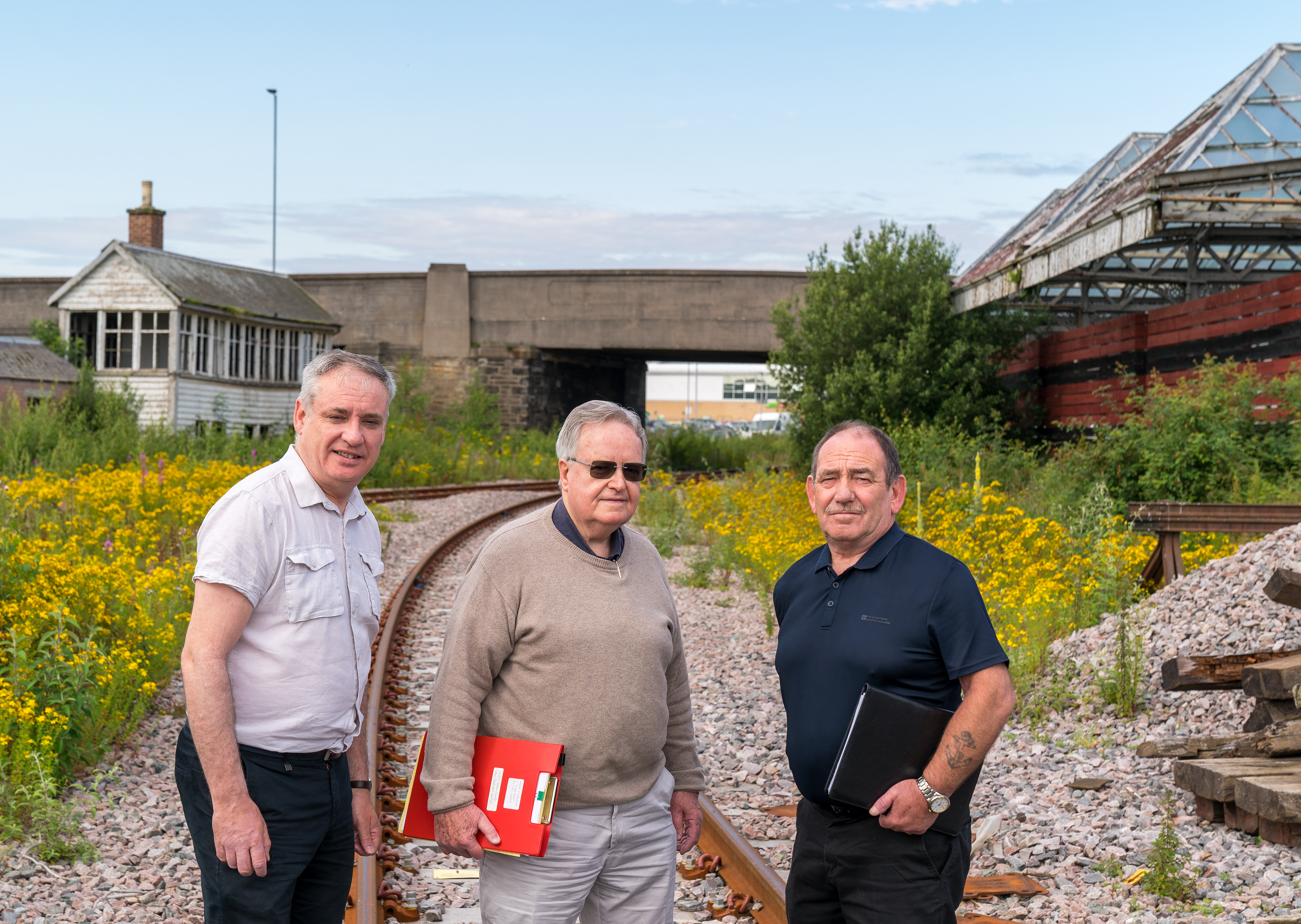 16 July 2019. Old Elgin Railway Station, Maisondieu Road, Elgin, Moray, Scotland, UK, IV30 1QP. This is R-L - MSP Richard Lochhead, George P Littlejohn, Rail Advisor and Community Cllr, Alastair Kennedy.
