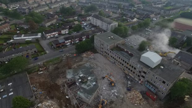 Bird's eye view of the school demolition.