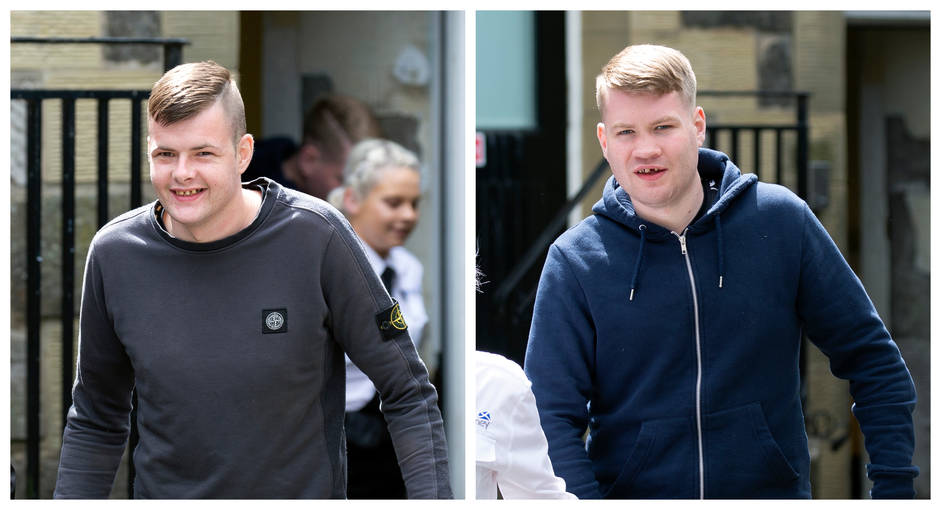 Liam Macdonald (L) is led from court after being jailed robbery offences with co-accused Shaun McLeod (R).