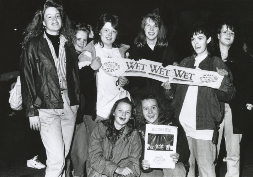 A group of happy female fans of Wet Wet Wet with (far left) Linda Ewen (14) and (far right) Karen Aitken (16), both Banchory in 1990.