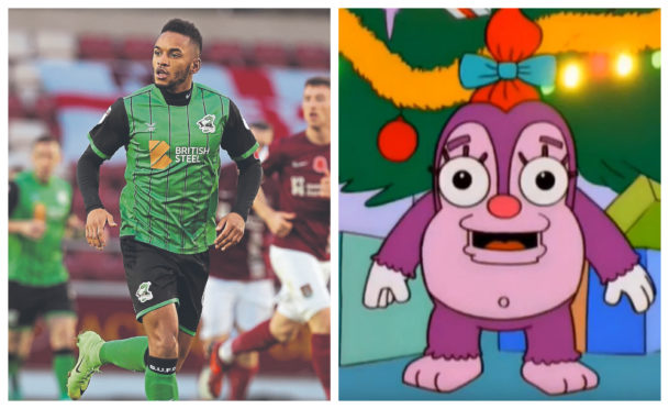 Funso Ojo in action for Scunthorpe (left) and the demonic Simpsons character Funzo.