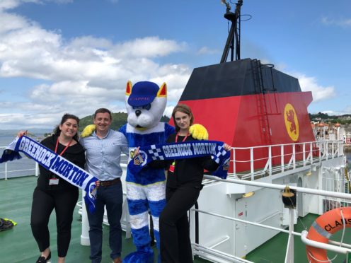 Morton in the Community, chief executive, Brian McLaughlin and Cappie the Cat are joined on a recce for their upcoming trip by CalMac port assistants Rhianna McMahon and Carron MacPhee on board the MV Clansman.  