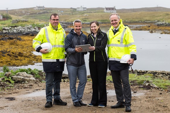 Launching a 100% full fibre network on Grimsay in the Outer Hebrides are DI MacDonald, patch manager for Western Isles; Rob Thorburn, partnership director; and Kevin Murphy, managing director of fibre and network delivery, all Openreach;  and Andrea Rutherford, head of telecoms policy, Highlands and Islands Enterprise (second from right). Photo: Jennifer Campbell/HIE