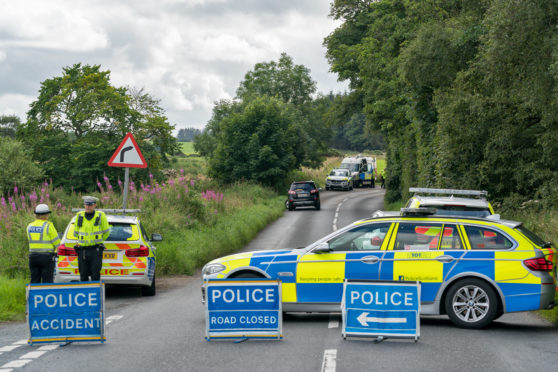 3 August 2019. B9170 Road, Oldmeldrum to Methlick, Aberddeenshire, Scotland, UK. This is the scene of the RTC involving a Hyundai SUV and a Motorcyclist at the above location approximately 1 mile North East of the Meldrum House Hotel.