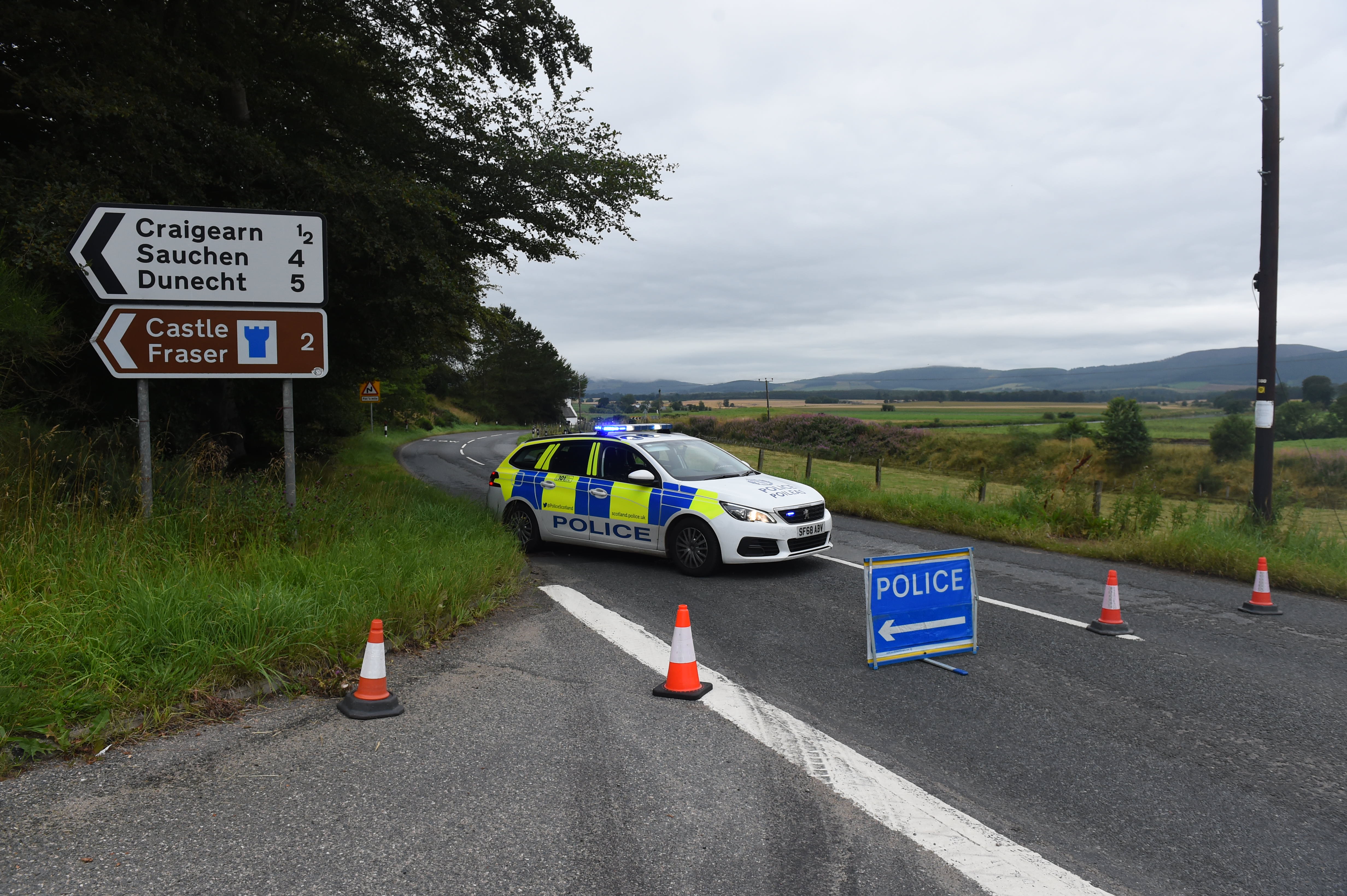 Police were called to a car on its roof on the B993 beside Monymusk.