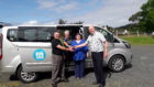 Highland Council’s Senior Transport Officer Ali MacDonald is pictured handing over the keys to (L to R) Driver Tony Raine;  GCCS Director Annette Mackenzie  and GCCS Co-ordinator Christine MacIver.
