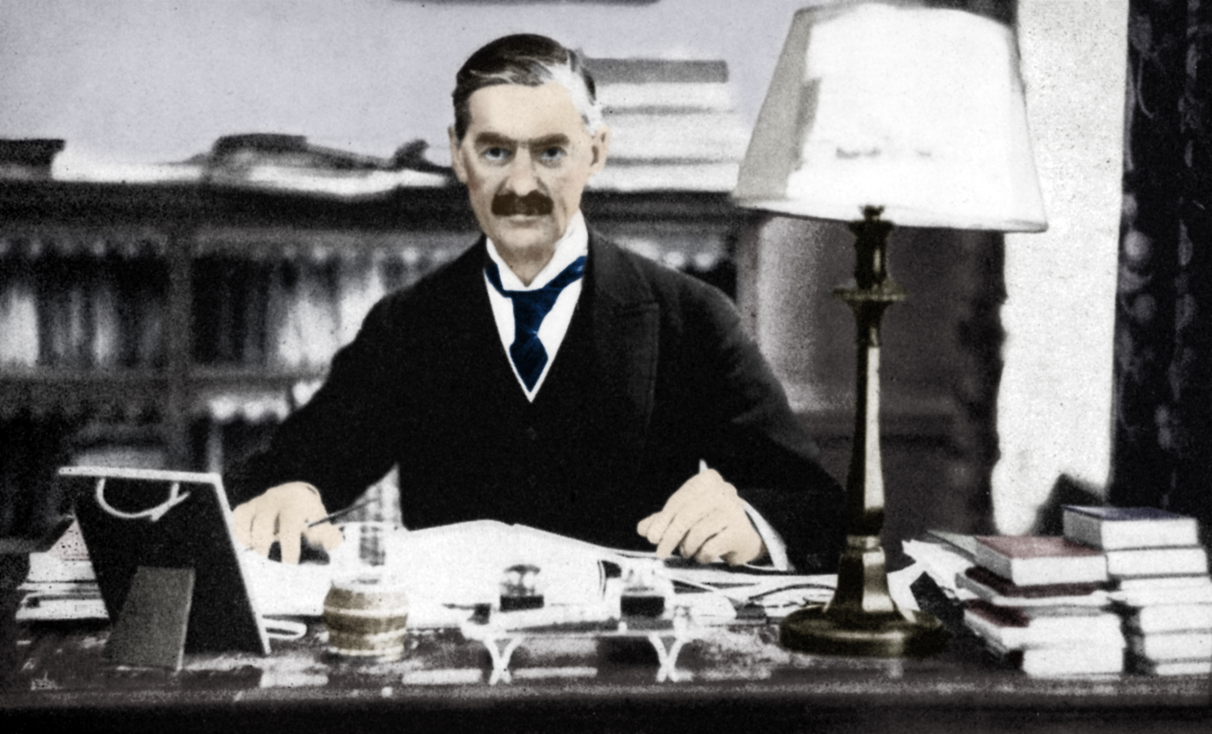 Neville Chamberlain (1869-1940), British prime minister, c1930s (1936). Following his election to parliament in 1918, Chamberlain served as postmaster general (1922-23), minister of health (1923, 1924-29, and 1931), and chancellor of the Exchequer (1923-24 and 1931-37) before he succeeded Stanley Baldwin as prime minister. His policy of appeasement toward Adolf Hitlers Germany culminated in the Munich Pact of September 1938, after which Chamberlain returned home proclaiming peace for our time. Later he recognized the failure of his policy and vowed support for Poland. After Germanys invasion of that country, Chamberlain led Britain into the war against the aggressor. He was forced to resign in May 1940 and was succeeded by Sir Winston Churchill. He served in Churchills cabinet as lord president of the council until October 1940, when illness forced his resignation. He died the following month. From His Majesty the King, 1910-1935, introduction by HW Wilson (Associated Newspapers Ltd, London, 1936). (Colorised black and white print). Artist Unknown. (Photo by The Print Collector/Getty Images)