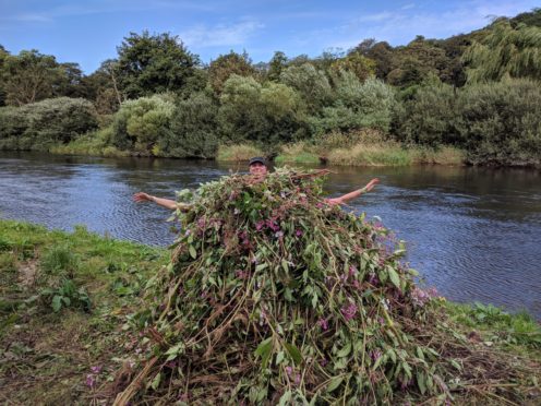 The team made a snowman out of the invasive Himalayan balsam