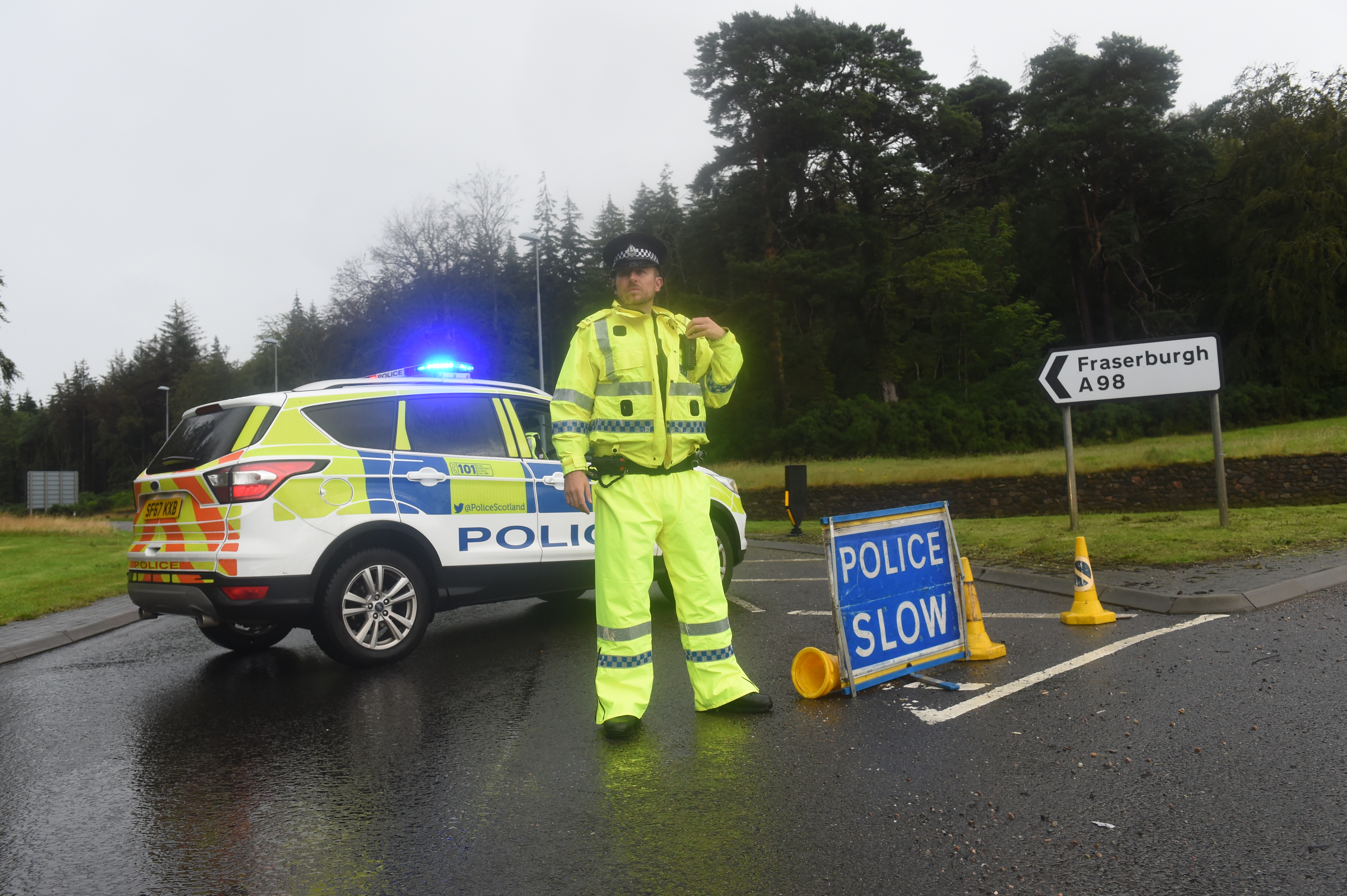 Police closed the road at Fochabers