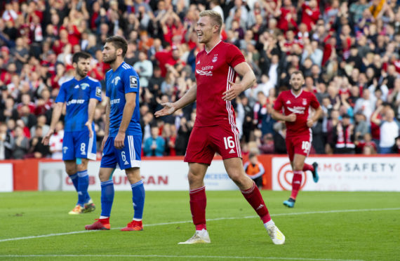 Aberdeen's Sam Cosgrove celebrates his goal to make it 2-0 against Chikhura Sachkhere