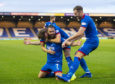 INVERNESS, SCOTLAND - August 30: Inverness' James Keatings celebrates his second goal with teammates Jordan White and Tom Walsh during the Ladbrokes Championship tie between Inverness CT and Greenock Morton, on August 30, 2019, at Caledonian Stadium, in Inverness. (Photo by Bill Murray / SNS Group)